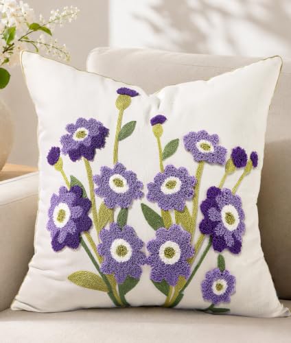 Embroidered Floral Throw Pillow Cover 18x18 Inch, Wild Flower | Decorative Pillow Cover, Cottagecore Floral Cushion Case with Hidden Zipper, Home Decor for Couch, Sofa, Living Room, Bed - color: Purple Flower