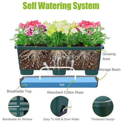 Window Box Planter 8 Pcs, 17 Inches Rectangle Flower Pots with Drainage Holes & Trays, Vegetable Planters for Windowsill Patio Garden Balcony Home Indoor Outdoor (Dark Green, 16 * 7 * 6 inch) - color: Dark Green
