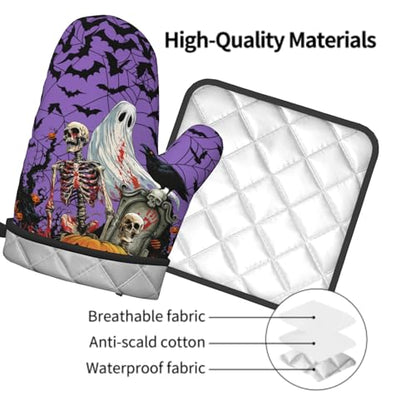 Giwawa Halloween Pumpkin Oven Mitts and Pot Holder Set of 2 Spooky Ghost Bat Heat Resistant Kitchen Gloves Hot Pad for Baking Cooking Grilling BBQ - color: Halloween Purple