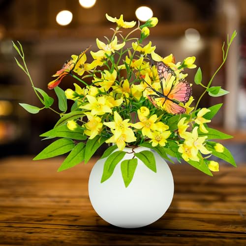 HOSY Freesia Bouquet in Ivory Ceramic Vase, Artificial Flower Arrangements | Silk Flower & Butterfly, Table Centerpiece Decoration, Display Size 10" High & 13.5" Wide, No Upkeep