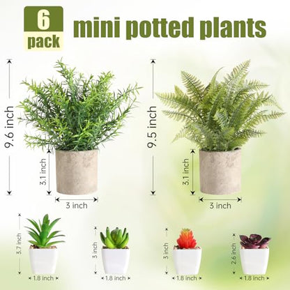 6Pcs Small Fake Plants Succulents Artificial Greenery Potted Plant Indoor | Faux Rosemary Fern Succulents in Pots, Home Room Office Desk Table Shelf Bathroom, Modern Farmhouse Decor