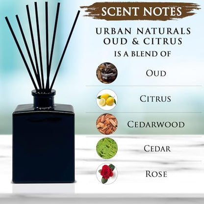 Reed Diffuser Set, Oud & Citrus - Bathroom Shelf Décor | Made with Essential Oils, Cedar, Amber & Wood Notes, 5 ounce Sleek Black Rectangular Refillable Glass Bottle - color: Oud & Citrus