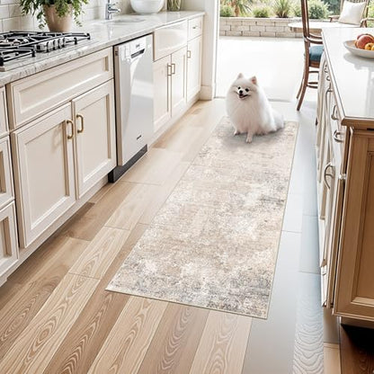 2x5 Washable Kitchen Rug Runner – Non-Slip Abstract Modern Neutral Small Rug for Bathroom, Hallway, Bedroom, Laundry Room, Entryway – Soft Low-Pile Thin with Rubber Backing (Beige Grey, 2x5) - color: Beige Grey, size: 2' x 5' (Rectangular)