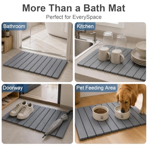 Foldable Stone Bath Mat, Quick Dry Diatomaceous Earth Bath Mat with Non-Slip Mat, Super Absorbent, Easy to Clean, Compact for Bathrooms&Kitchen Counter, 24"×16" & 8"x4", Grey