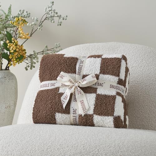 Snuggle Sac Checkered Bedding Blanket Twin Size 60x80, Super Soft Cozy Warm Knit Blankets, Reversible Breathable Lightweight Fluffy Throws for Sofa Bed, Checkered Brown, 60x80 Inches - color: Checkered Brown, size: Twin(60"x 80")