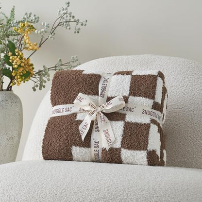 Snuggle Sac Checkered Bedding Blanket Twin Size 60x80, Super Soft Cozy Warm Knit Blankets, Reversible Breathable Lightweight Fluffy Throws for Sofa Bed, Checkered Brown, 60x80 Inches - color: Checkered Brown, size: Twin(60"x 80")