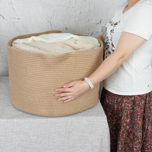 XUANGUO Extra Large Jute Rope Round Storage Basket 22" x 12" | Woven basket for blankets, toys, towels, laundry, nursery, living room and pet toy storage. - color: jute