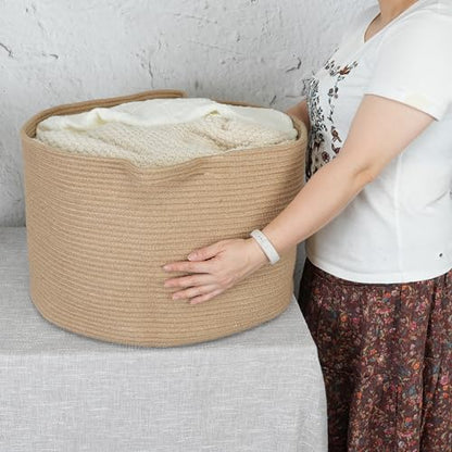 XUANGUO Extra Large Jute Rope Round Storage Basket 22" x 12" | Woven basket for blankets, toys, towels, laundry, nursery, living room and pet toy storage. - color: jute