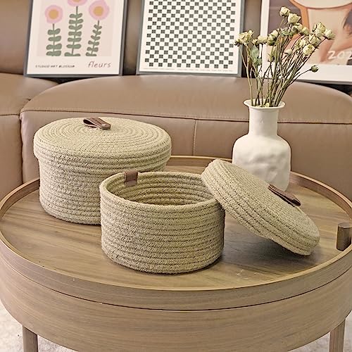 Set of 2 Round Jute Rope Storage Baskets with Lids -Leather Handles- Decorative Woven Organizer Bin for Home, Kitchen, Nursery,Small Basket