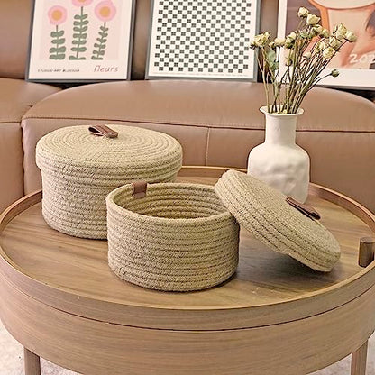 Set of 2 Round Jute Rope Storage Baskets with Lids -Leather Handles- Decorative Woven Organizer Bin for Home, Kitchen, Nursery,Small Basket