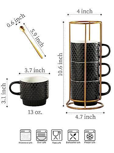 LYEOBOH Stackable Coffee Mugs Set of 4 with Rack & Spoons Coffee Mug Set 13 OZ., Ceramic Embossed Grinding Demitasse Cups Set Cappuccino Cup Halloween for Coffee, Latte, Macchiato, Espresso, Black - color: Black