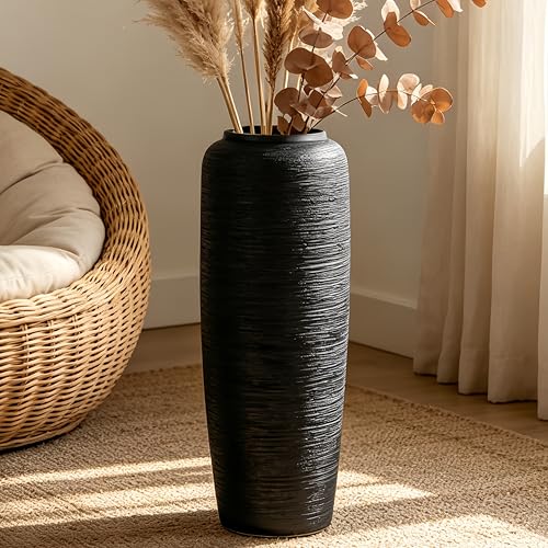 Black Rustic Ceramic Floor Vase, 19.7 Inch, Ribbed Texture | Living Room, Entryway, Fireplace, Pampas Grass, Dried Branches - size: 19.7 Inch