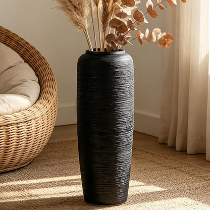Black Rustic Ceramic Floor Vase, 19.7 Inch, Ribbed Texture | Living Room, Entryway, Fireplace, Pampas Grass, Dried Branches - size: 19.7 Inch