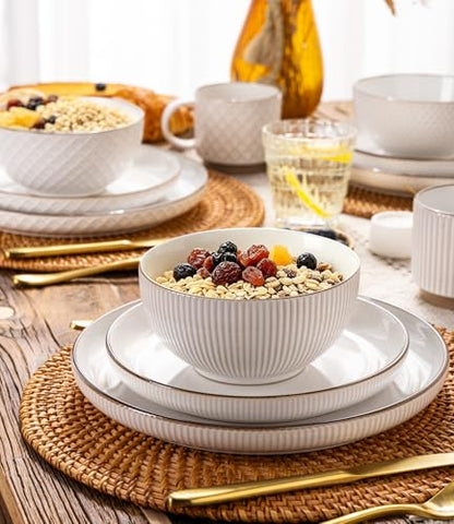 GBHOME Stoneware Dinnerware Set for 4, 12 piece Farmhouse Plates and Bowls | Elegant Embossed Ceramic Dish Set, Scratch Resistant, Microwave & Dishwasher Safe, Off white - color: Off White-Mixed Texture
