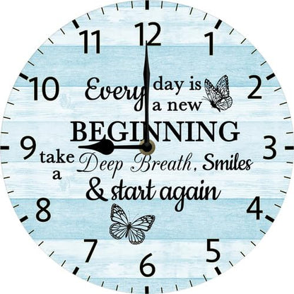 Every Day is a New Beginning Take a Deep Breath Smile and Start Again Wooden Wall Clock Quotes Art Inspirational Motivational Saying Wall Decor 10"x10" Silent Non Ticking Battery Operated - color: C2