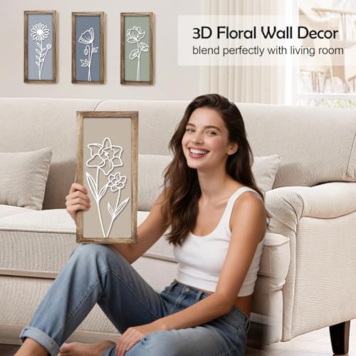 3D Wooden Floral Wall Art, 4 Pcs 7 x 16 Inch Flower Wood Carving Framed Bathroom Wall Decor for Living Room Bedroom Office, Rustic Farmhouse Boho Botanical Hangings