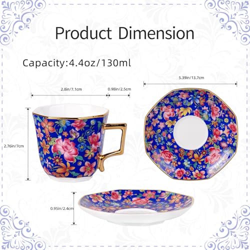 KAMMAK Tea Cup and Saucer, Ceramic Coffee Cups, 4.4 oz, Set of 2 | Porcelain Tea Cups with Saucers for Coffee and Cappuccino, Ideal for Breakfast, Afternoon Tea and Entertaining,647+648N - style: 647N+648N
