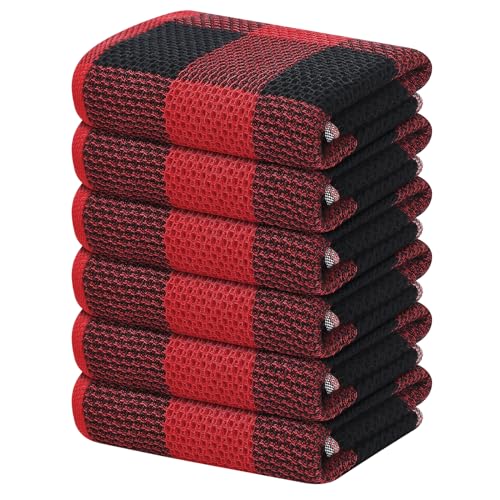 Homaxy 100% Cotton Plaid 6 Pack Kitchen Towels, 13" x 28", Black & Red | Waffle Weave, Plaid, Super Soft and Absorbent Dish Towels, Quick Drying, Multi-Purpose - color: Black & Red, size: 13 x 28 - 6 Pack