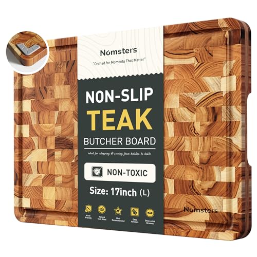 Teak Wood End Grain Cutting Board for Kitchen with Non-slip Feet, Heavy Duty Checkered Cutting Board Upgraded Chopping Board with Juice Groove & Handle Large Wooden Butcher Block with Gift Box - size: 17"L x 12"W
