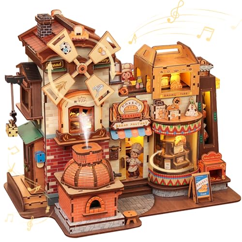 Fsolis 3D Wooden Puzzles for Adults - Mechanical Bread Factory Building Kit | Rotating Miniature House Kit with Music & Lights & Steam Effect, 572pcs, Gifts for Experienced Builders Model Project Lovers - style: Bread Factory