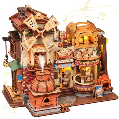 Fsolis 3D Wooden Puzzles for Adults - Mechanical Bread Factory Building Kit | Rotating Miniature House Kit with Music & Lights & Steam Effect, 572pcs, Gifts for Experienced Builders Model Project Lovers - style: Bread Factory