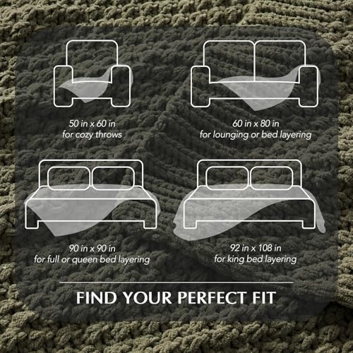EVERGRACEHOME Chunky Chenille Knit Throw Blanket, 90 x 90, Olive Green | Sculpted Moss Stitch, Chic Modern Farmhouse, All-Season Warmth, OEKO-TEX® Certified, Oversized Queen for Couch, Bed, Sofa - color: Olive Green, size: 90" X 90"