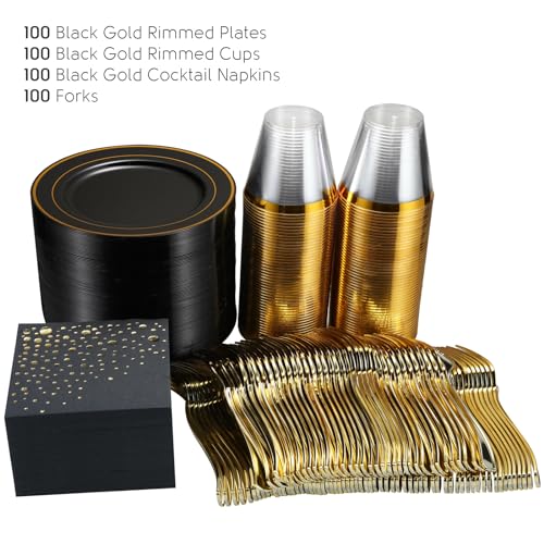 Black and Gold Dessert Plates Set, 100 Plates, Cups, Forks and Napkins | Sturdy plastic, cake service, appetizer tables, salad course, weddings, graduations, easy cleanup - color: Black, style: Plates,Forks,Napkins and Cups