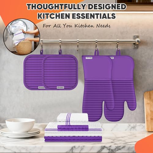 Oven Mitts Kitchen Towels and Dishcloths with Pot Holders Sets, Oven Gloves Hot Pads 500°F Heat Resistant with Silicone Grip, Include 2 Cooking Gloves/2 Potholders/4 Kitchen Towels/4 Dish Towels - color: Purple