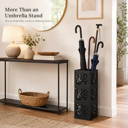 Kingrol Metal Umbrella Holder for Entryway, Square Black Umbrella Stand with Hollow Design, Freestanding Umbrella Rack for Umbrellas, Canes and Walking Sticks, 6 x 6 x 15.75 Inch