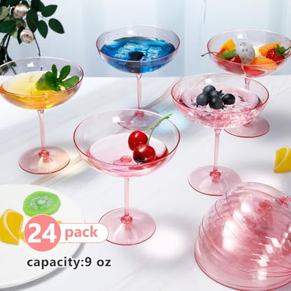 LemonRoad 24 Pcs Plastic Coupe Glasses 9 oz Disposable Martini Glasses for Cocktails, Champagne, Desserts and Espresso, Drinkware Set for Weddings, Birthday Parties, Home Bars (Pink) - color: Pink
