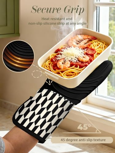 Slohif Long Silicone Oven Mitts Heat Resistant for Women - 2 Pcs Black-White Geometric 100% Cotton Oven Gloves, Non-Slip and Waterproof Silicone Oven Mitts with Hanger for Baking and Cooking - color: Black White Geometric