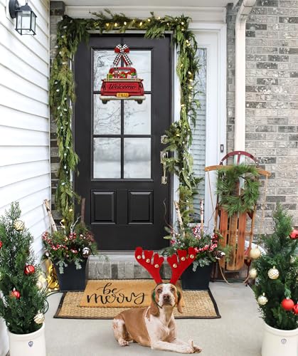 Interchangeable Welcome Sign for Front Door Red Farmhouse Truck Decor Hanging Sign with 11 Interchangeable Seasonal and Holiday Decor Signs 12x14 in. (Country Rustic) - style: Country Rustic
