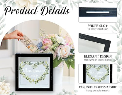 Honeymoon Fund Box, 8×8 Wedding Shadow Box Frame with Slot, Heart-Shaped Eucalyptus Wedding Money Saving Decoration for Reception Bridal Shower, Travel Fund Memory Keepsake Gift -A17 - size: 8×8 heart-shaped eucalyptus