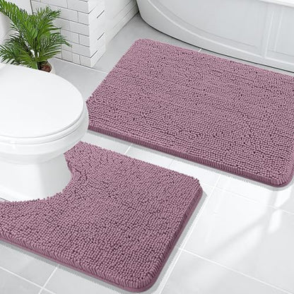 OLANLY Chenille Bathroom Mat and Toilet Rugs U-Shaped, Bath Mat Size 36x24 and Bathroom Rugs Sets Size 30x20+24x20 in Deep Plum, 3 Item Bundle