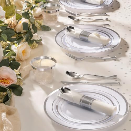 352 Piece Silver Plastic Dinnerware Set for 50 Guests | Includes: 50 Dinner Plates 50 Dessert Plates, 50 Pre Rolled Napkins with Silverware, 50 Cups, 2 Tablecloth - color: Silver, style: 352 Piece (50 guests)