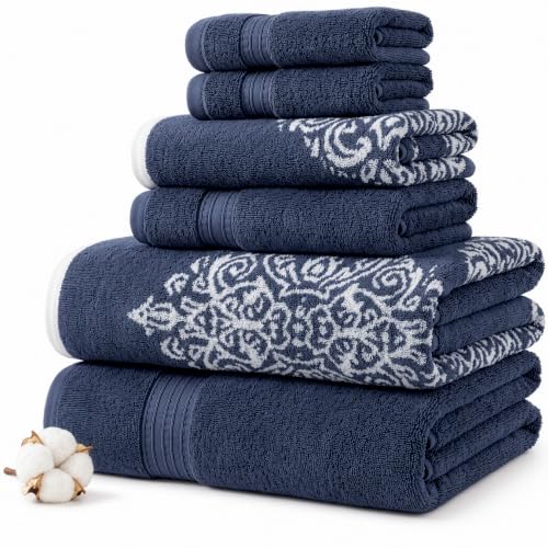 Modern Threads 6 Piece Reversible Yarn Dyed Jacquard Towel Set Artesia Damask Indigo - color: Indigo
