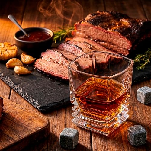 XRUSTAL Whiskey Glass Gift Set for Men, 10.5 oz Old Fashioned Crystal Glass with 3 Stone Whiskey Chilling Rocks, Bag and Wooden Gift-Ready Box, Bourbon Scotch Gift for Dad Husband Boyfriend (Wave)