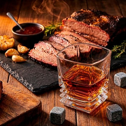 XRUSTAL Whiskey Glass Gift Set for Men, 10.5 oz Old Fashioned Crystal Glass with 3 Stone Whiskey Chilling Rocks, Bag and Wooden Gift-Ready Box, Bourbon Scotch Gift for Dad Husband Boyfriend (Wave)