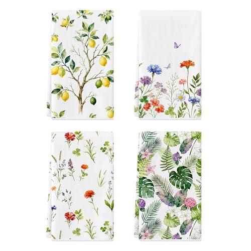 Spring Kitchen Towels Set of 4,Butterfly Hydrangea Dish Towels 17x27 Inch,Red Blue Purple Wildflower Floral Hand Towels,Lemon Tea Cloths,Summer Microfiber Farmhouse Home Decoration (Flowers) - color: Flowers
