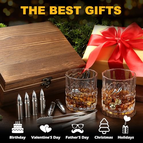 Whiskey Glasses Set with Stainless Steel Cooling Stones, for Men | Ideal for Birthday, Christmas, Gift for Dad Husband Boyfriend, Keeps Drinks Cold Without Dilution, Classic Home Bar Accessory