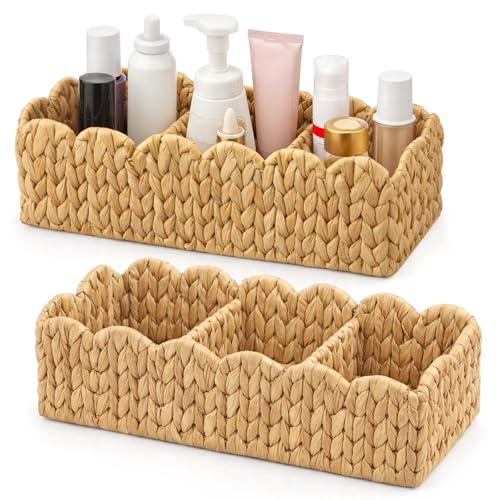 Novabright 2 Pack Toilet Tank Basket, Scalloped Wicker Storage with 3 Compartments, Hand Woven Water Hyacinth Tank Topper for Toilet Paper Storage, Bathroom Shelves, Countertop Organizer