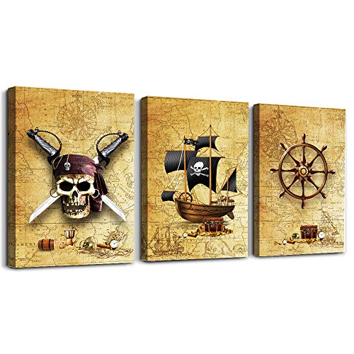 Pirate ship and rudders Canvas Wall Art for Living Room Bedroom Decoration wall painting,Bathroom Wall Decor Home Decoration kitchen posters artwork，Adventure map decoration 16x12 inch/ 3 piece set - color: Pirate Ship And Rudders, size: 12x16inches*3pcs