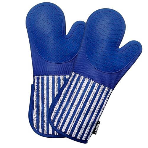 Alselo Silicone Oven Mitts Heat Resistant 932℉ with Waterproof & Non-Slip | Kitchen Mittens Set of 2,Extra Long 7.5"x15" Oven Gloves with Soft Cotton Terry Lining for Baking Cooking BBQ(Cobait Blue,2) - color: Cobait Blue