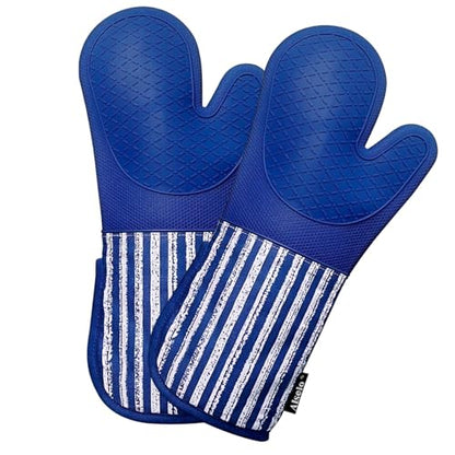 Alselo Silicone Oven Mitts Heat Resistant 932℉ with Waterproof & Non-Slip | Kitchen Mittens Set of 2,Extra Long 7.5"x15" Oven Gloves with Soft Cotton Terry Lining for Baking Cooking BBQ(Cobait Blue,2) - color: Cobait Blue