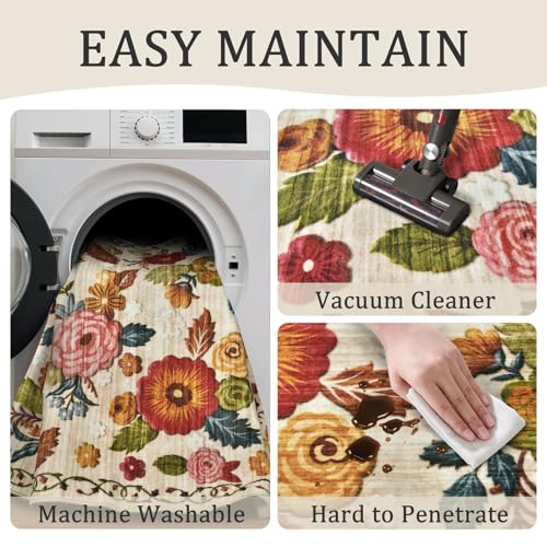 Washable 2.6x8 Runner Rug, Beige Boho Floral Non-Slip for Hallway, Kitchen | Soft Low-Pile Faux Wool Area Rug for Bedroom, Nursery, Bathroom, Laundry, Kid & Pet Friendly, Stain, Fade & Wear Resistant - color: Beige, Cream, Mustard, Brick Red and Blue, siz