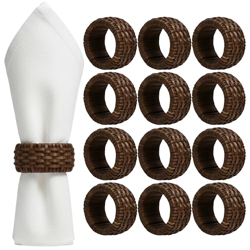 ALPHA Living HOME Woven Napkin Rings Set of 12, Rustic Farmhouse Cane Napkin Rings Round Handmade Napkins Rings Boho Tabletop Decor for Thanksgiving Christmas Party Wedding Deco (Brown) - color: Chocolate Brown, size: 12- Pack