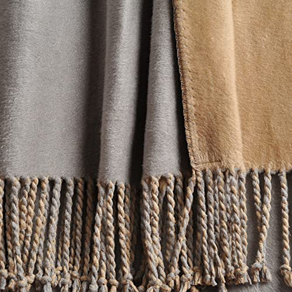EP Mode Reversible Fringed Mulberry Silk Throw Blanket for Sofa (Light Grey/Beige) - color: Light Grey/ Beige