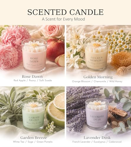Scented Candles Gift Set for Women, 4 Pack Soy Candles for Home with Unique Floral Design, Relaxing Aromatherapy Candles for Birthday, Self Care, Home Decor