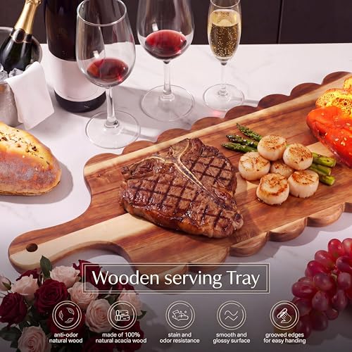 24"x 8" Long Scalloped Charcuterie Board Large Acacia Wooden Cheese Board with Handle & Rope Hanger Decorative Serving Platter for Snacks Appetizers, Housewarming & Entertaining Gift - size: 24"x8"