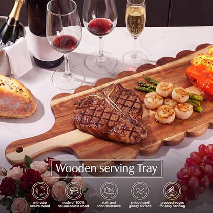 24"x 8" Long Scalloped Charcuterie Board Large Acacia Wooden Cheese Board with Handle & Rope Hanger Decorative Serving Platter for Snacks Appetizers, Housewarming & Entertaining Gift - size: 24"x8"